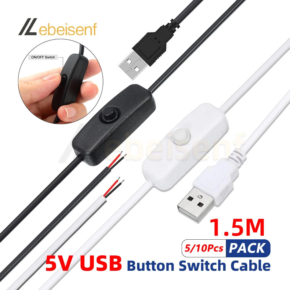 5/10Pc 5V Switch Power Supply Wire 1.5M USB Male to 2 Core Connection Cable 501 Button ON OFF For LED Strip Lamp Bulb Lights DIY