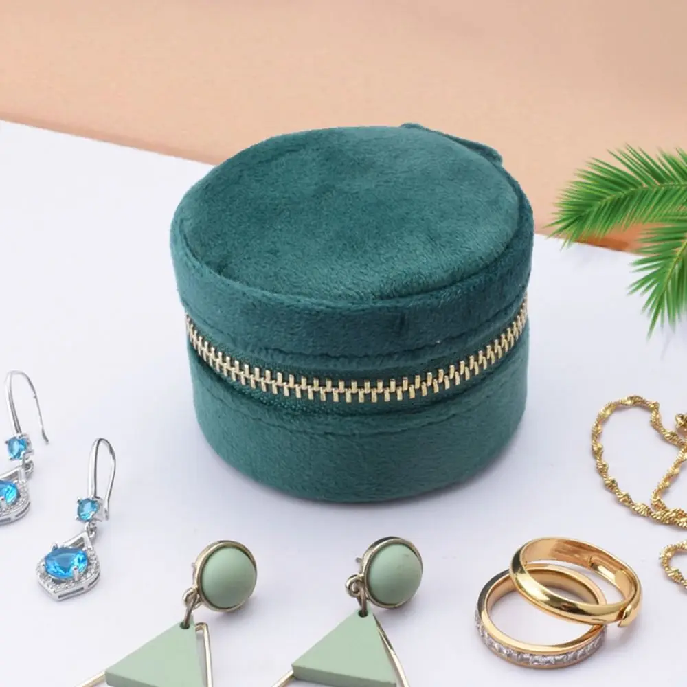 Caixa de anel redonda portátil mini caso de armazenamento com zíper brincos de veludo colar organizador viagem