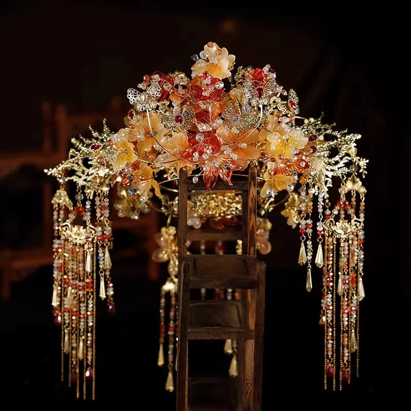 Red Gold Phoenix Crown Hanfu Hairpin Classic Bride Wedding Accessory Hairpin for Traditional Chinese Wedding Show