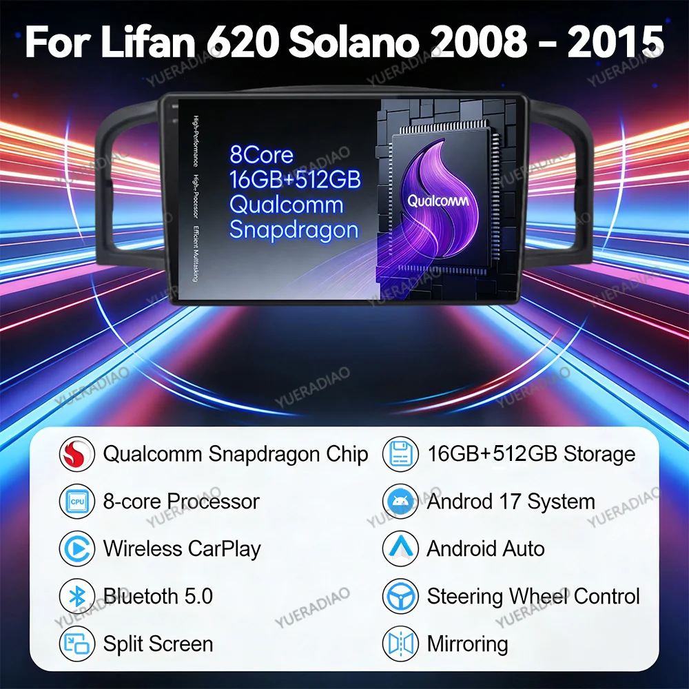 Android 17 Car Radio For Lifan 620 Solano 2008 - 2015 Qualcomm Multimedia Stereo Video Player Autoradio Carplay Auto Double Din