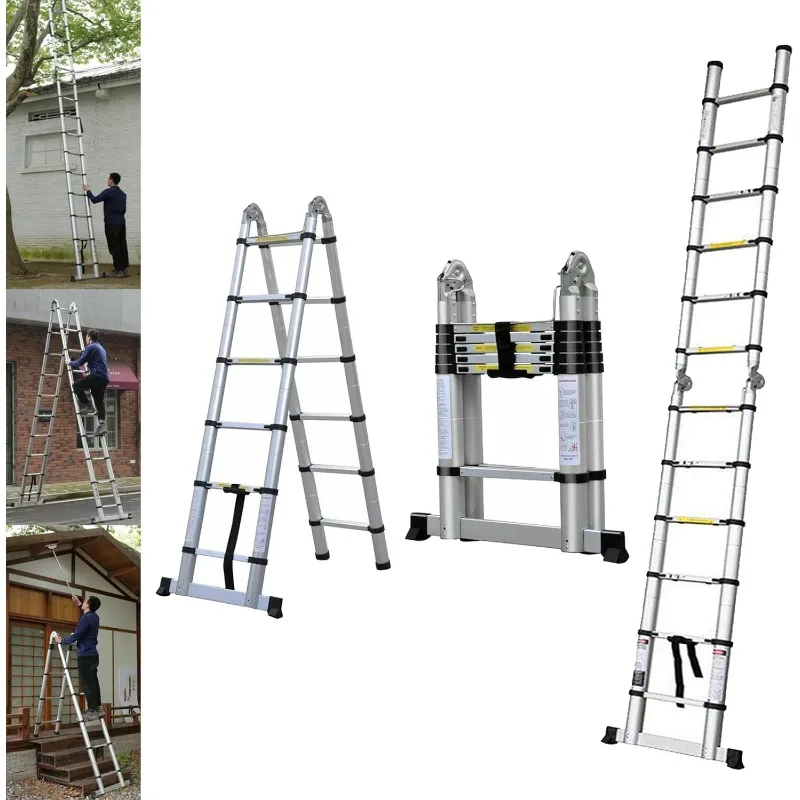 

Aluminum Telescoping Ladder - 12FT A-Frame with Stabilizer, Collapsible Ladders & Herringbone, 330lbs Max Capacity, EN131