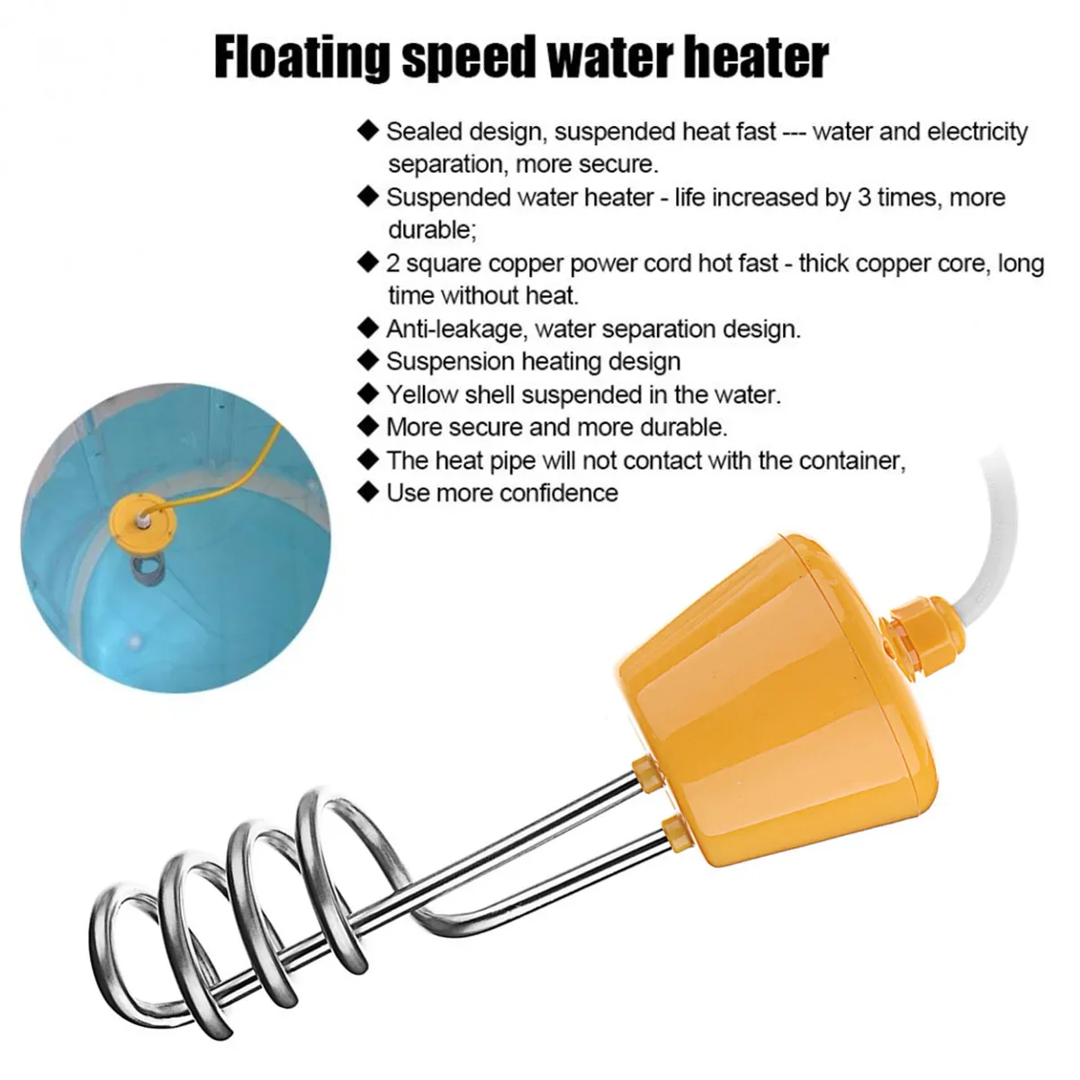 3000W Electric Water Heater Stainless Steel Automatic Immersion Heater Portable Hot Water Boiler for Bucket Swimming Pool