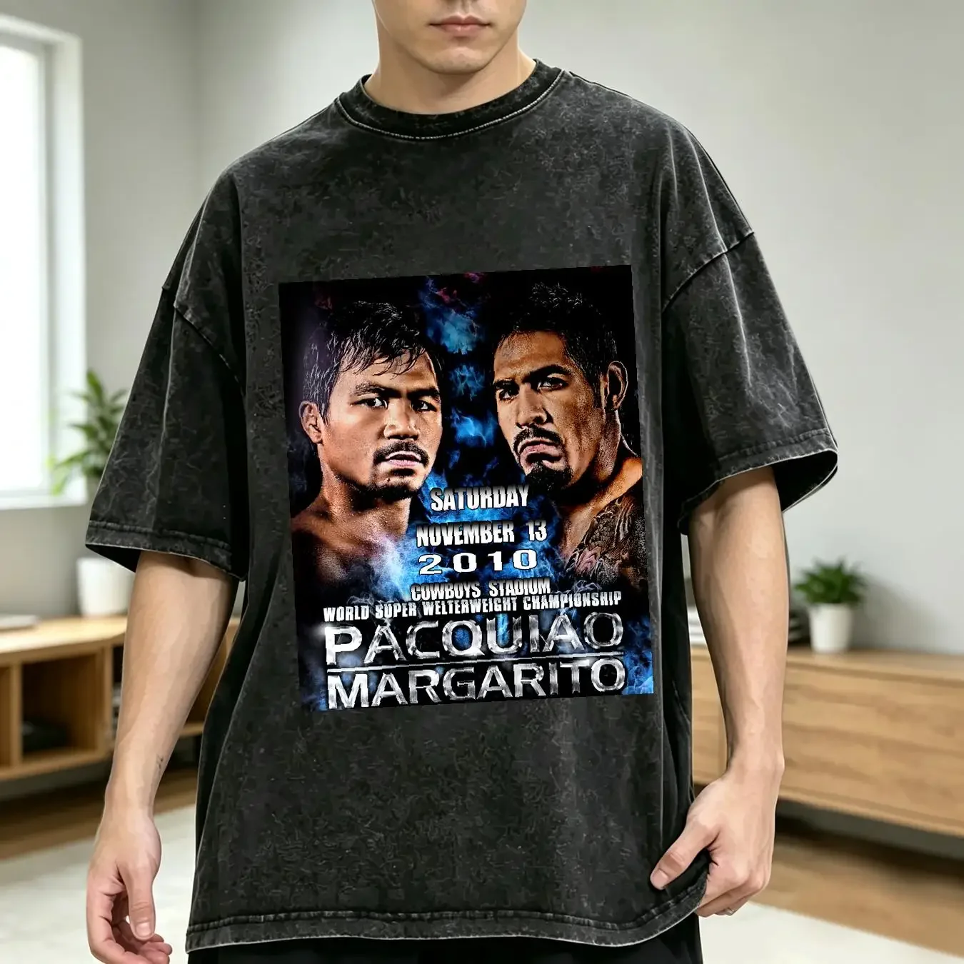 washed T Shirt Boxing Manny Pacquiao vs Antonio Margarito 2010 L long or short sleeves vintage Washed homme Breathable