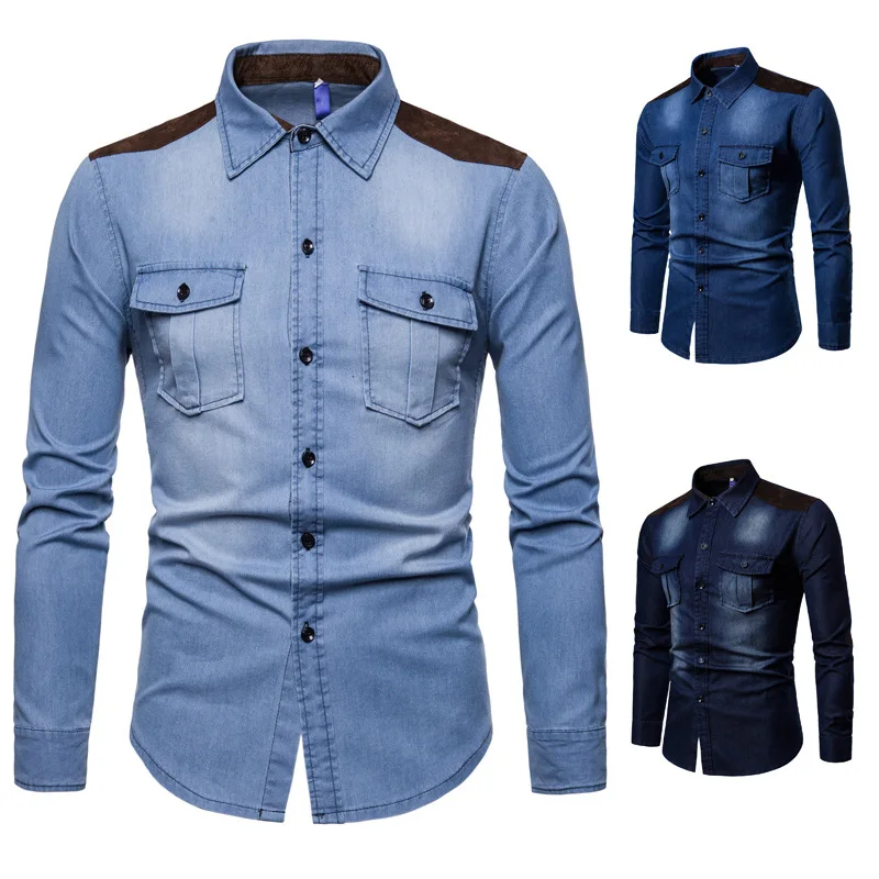 2023 Autumn New Men's Suede Color Block Washed Denim Long Sleeved Shirts Casual Shirts Wholesale Trend for Foreign Trade