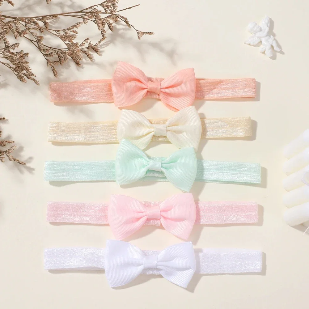 5 ชิ้น/เซ็ตสีทึบ Grograin ริบบิ้น Bowknot สําหรับสาวใหม่ Headwear ผมวงยืดหยุ่นผมเด็กทารกอุปกรณ์เสริมผม