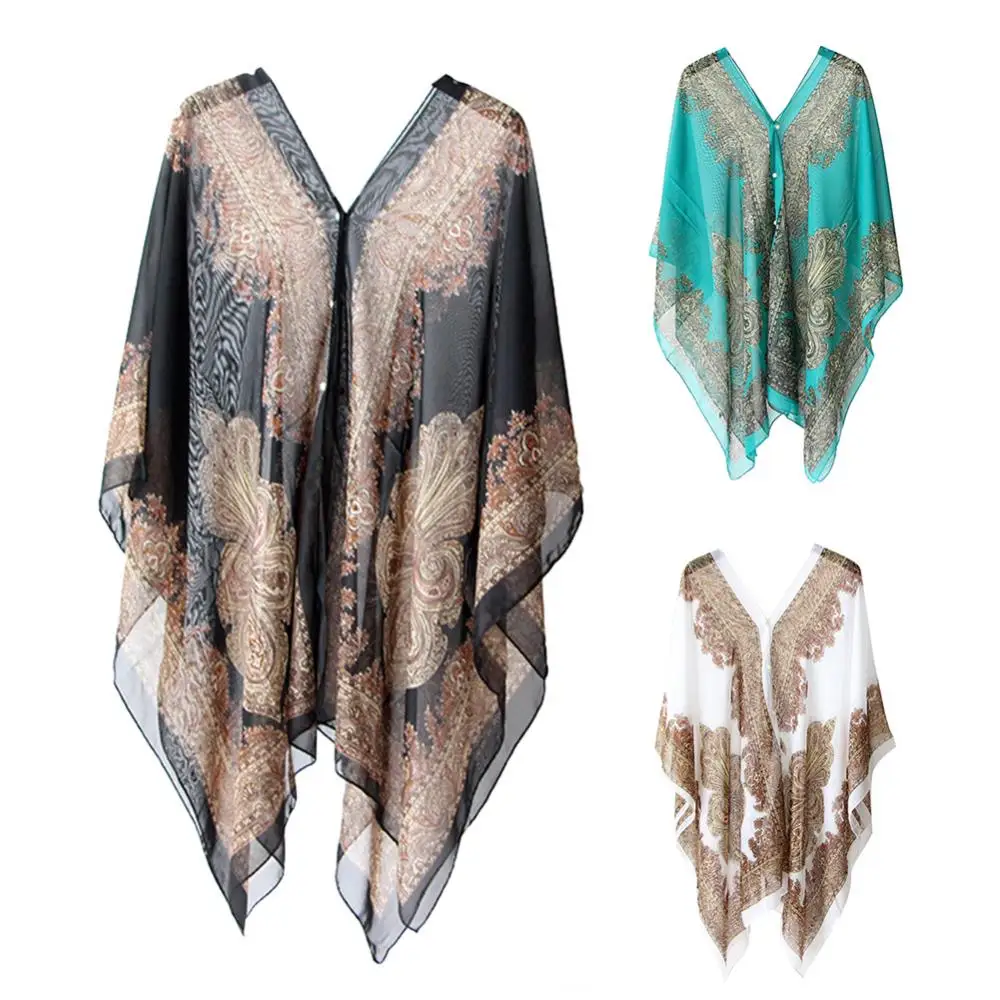 Zonbescherming sjaal wrap dames, cashewbloem chiffon zijden sjaal, strandlaken sjaal zonnebrandcrème cover-up shirt tops boho blouse