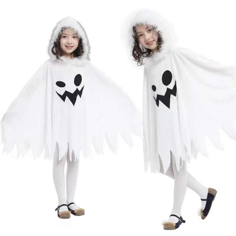 

Girls Halloween White Hooded Cape Funny Ghost Print Fringed Cape Halloween Cosplay Costume Stage Cloak Party Cosplay Cloak