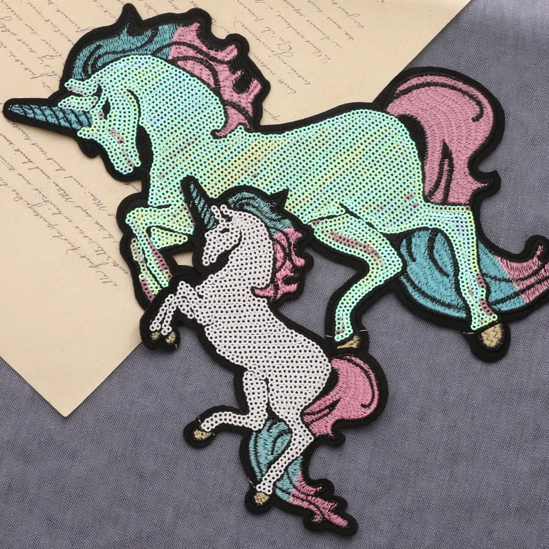 Multicolor Sequin Pony Fusible Patches Sequin Appliques Emblem Unicorn Patch on Clothing Dress Crafts Glitter Fabric Patches