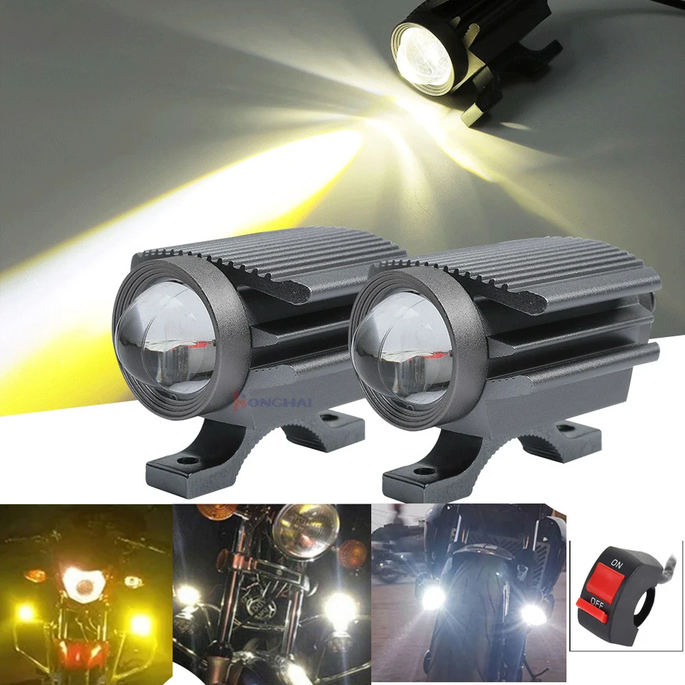 2Pcs Motorcycle Fog Driving LED Lights White/Amber/White+Amber/Strobe 4 Color Spot LED Light for Motorcylce Car.