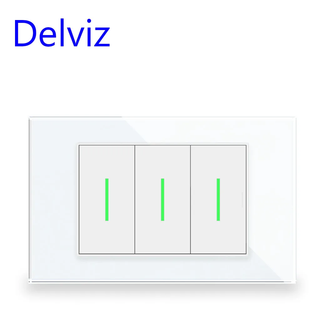 Delviz Wall Switch 3Gang 2Way LED Illuminated Retractive, 10A 250VAC, Tempered Glass, 120 Type Rectangular Panel Button Switch
