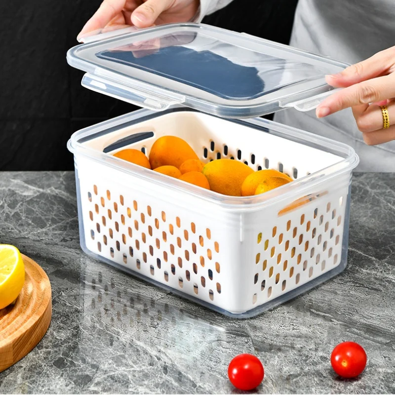 Refrigerator Storage Box Multifunctional Sealed Freshkeeping Boxes Vegetable Fruit Container with Drain Basket Kitchen Organizer