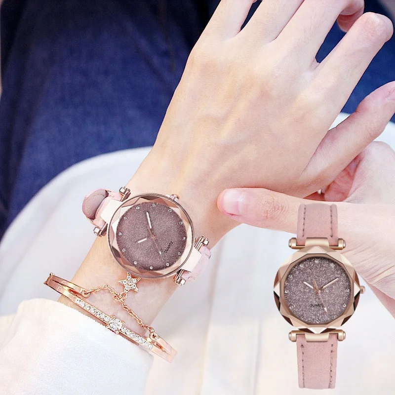 

Women's Watches Round Star Sky Silver Pink Watch for WomenLeisure Fashion Trend Frosted Belt Vintage Black Quartz Wristwatch
