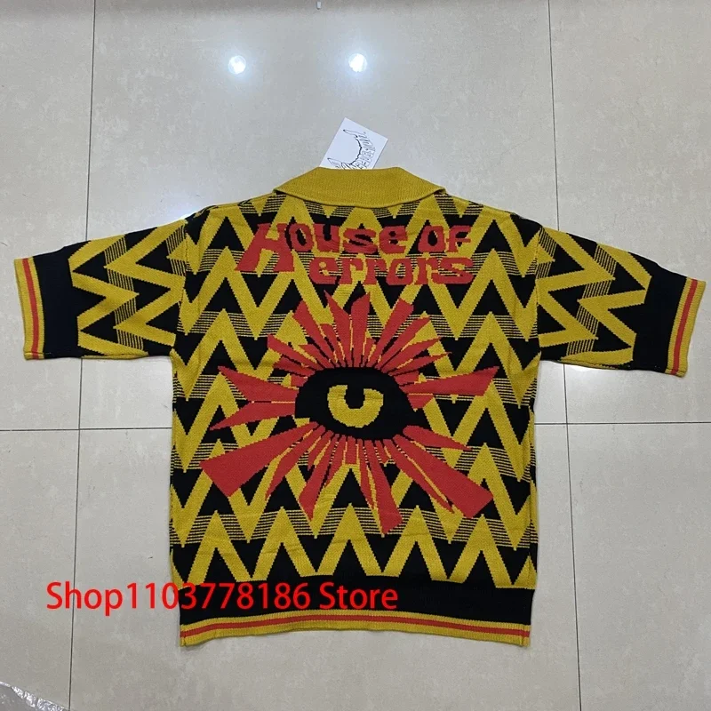 

Unisex House of Errors Knit T-shirt POLO Neck Sweater Rhomboid Check Pullover Top Letter Eyes Jacquard Short Sleeve Real Picture