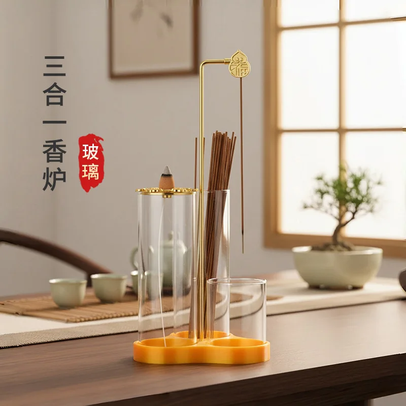 Multifunctional 3 in 1 Backflow Incense Burner Glass Incense Tube Storage Lotus Gourd Stick Holder for Home Use
