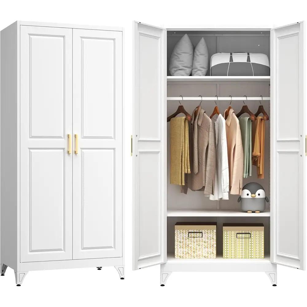 71 Tall White Metal Wardrobe Closet with 2 Doors, Hanging Rod, Shelves, and Drawers for Bedroom or Home Office