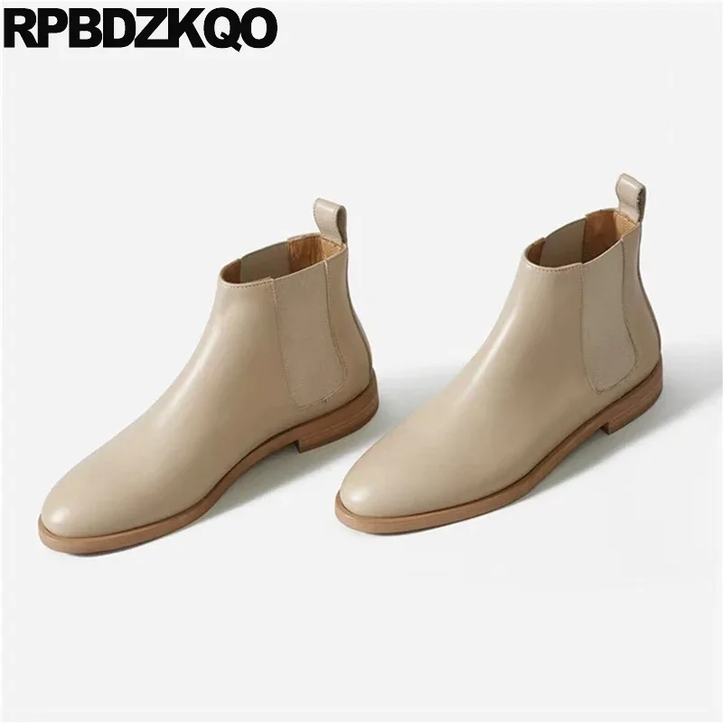 

Round Toe Chelsea Boots Shoes Winter Women Flats Booties Big Size Fall Slip On Fur Lined Full Grain Leather Celebrity Wide Fit