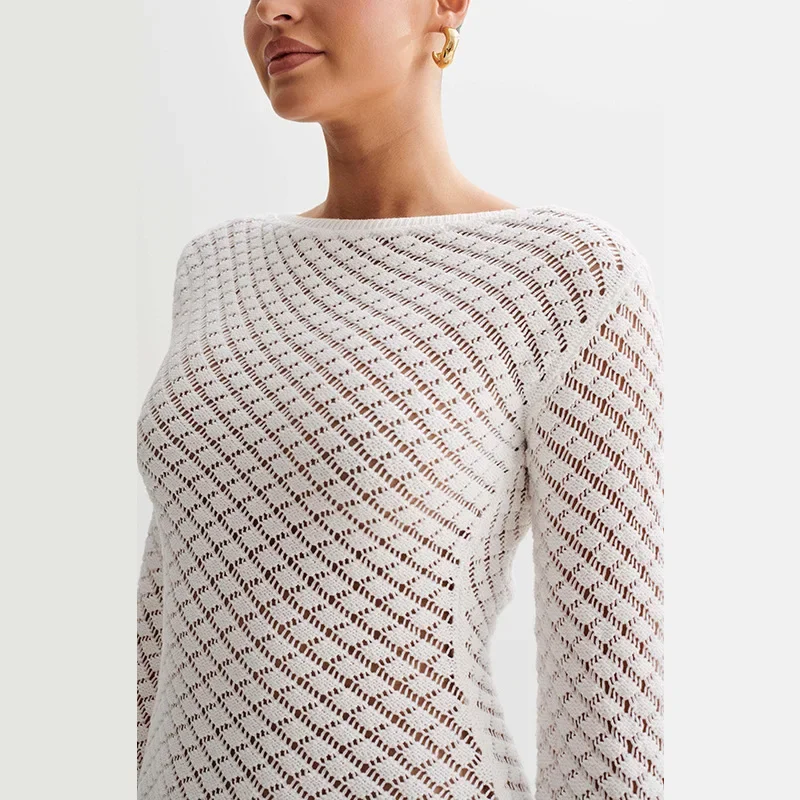 Summer Hollow Beach Dress Women'S Solid Sexy Knitted White Beach Bikini Swimsuit Long Sleeve Woman Blouse Dress Holiday Casual