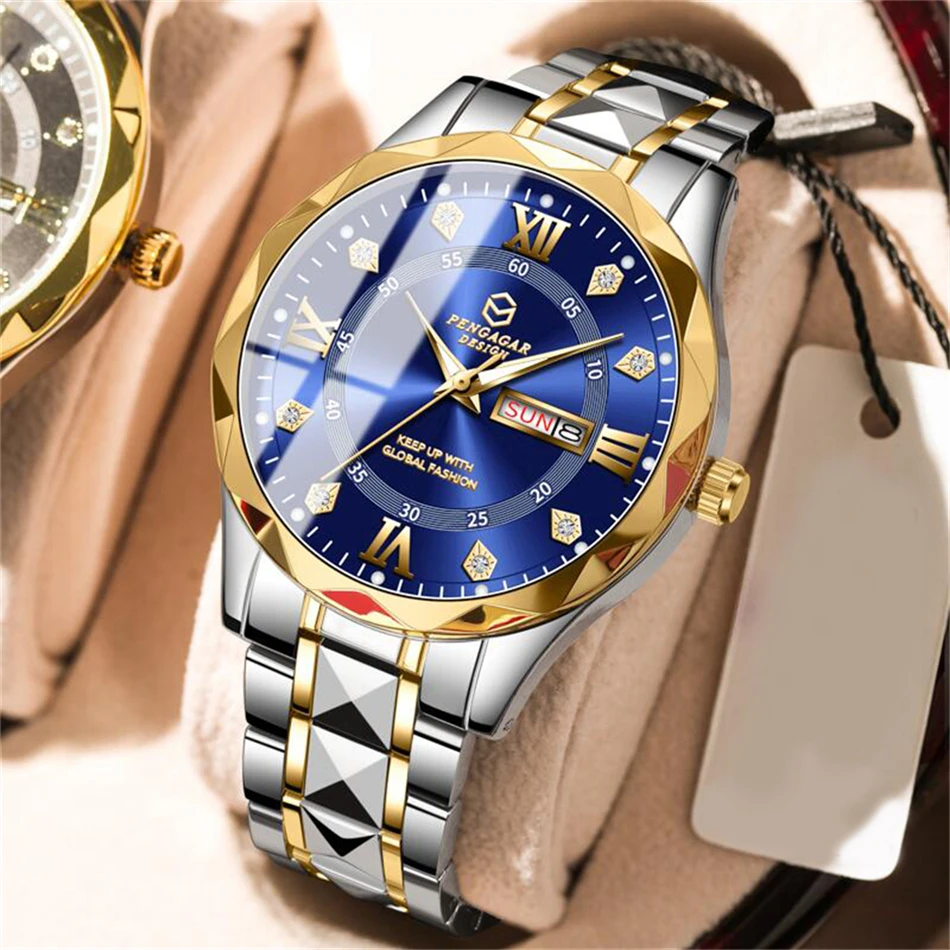 

PENGAGAR Luxury Men Wristwatch Waterproof Luminous Date Week Watch For Man Stainless Steel Men's Watches Quartz Male Clock Sport