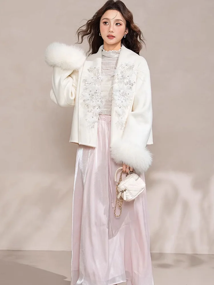 เสื้อโค้ทขนสุนัขจิ้งจอกแท้สำหรับผู้หญิง ฤดูหนาว ปี 2025  ผ้าขนสัตว์แคชเมียร์  ปักลาย  เสื้อคลุม