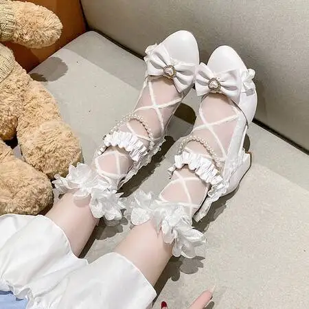 

Korean Girls Pumps Round Toe Block Heels 5.5cm Buckle Strap Lace Big Size 41 42 43 Sweet Lolita Style Shoes