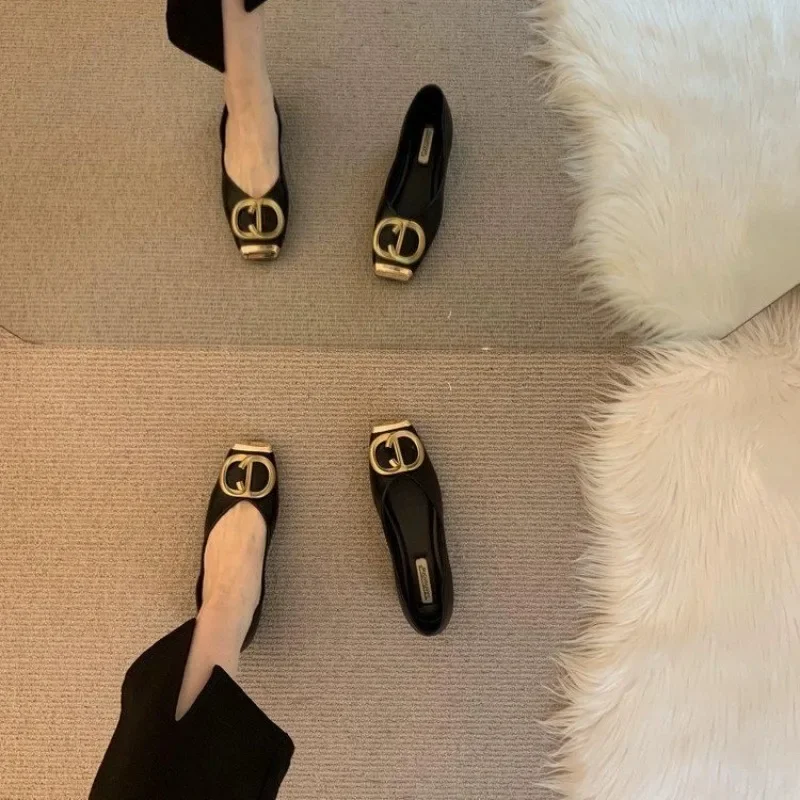 Women Leather Flat Shoes Summer New Fashion Luxury Square Toe Soft Sole Comfortable Low Cut Ballet Work Off White Lolita Shoes