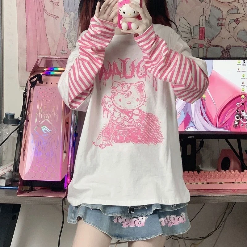 Sanurgente-T-shirt à manches longues Hello Kitty pour femmes, faux deux rayures, vêtements College Harajuku Y2K, haut étudiant, printemps, automne