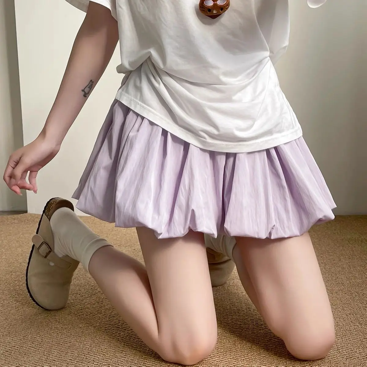 

White High Waist Summer Skirt for Women, A-Line Puffy Mini Skirt with Safety Shorts, Pleated Flared Skirt Petite Kawaii Style