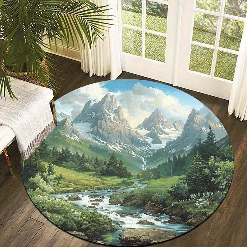 1pc Serene Snow‑Mountain‑Pine‑River Landscape Round Area Rug, Indoor & Outdoor Comfortable Floor Mat for Kitchen, Home