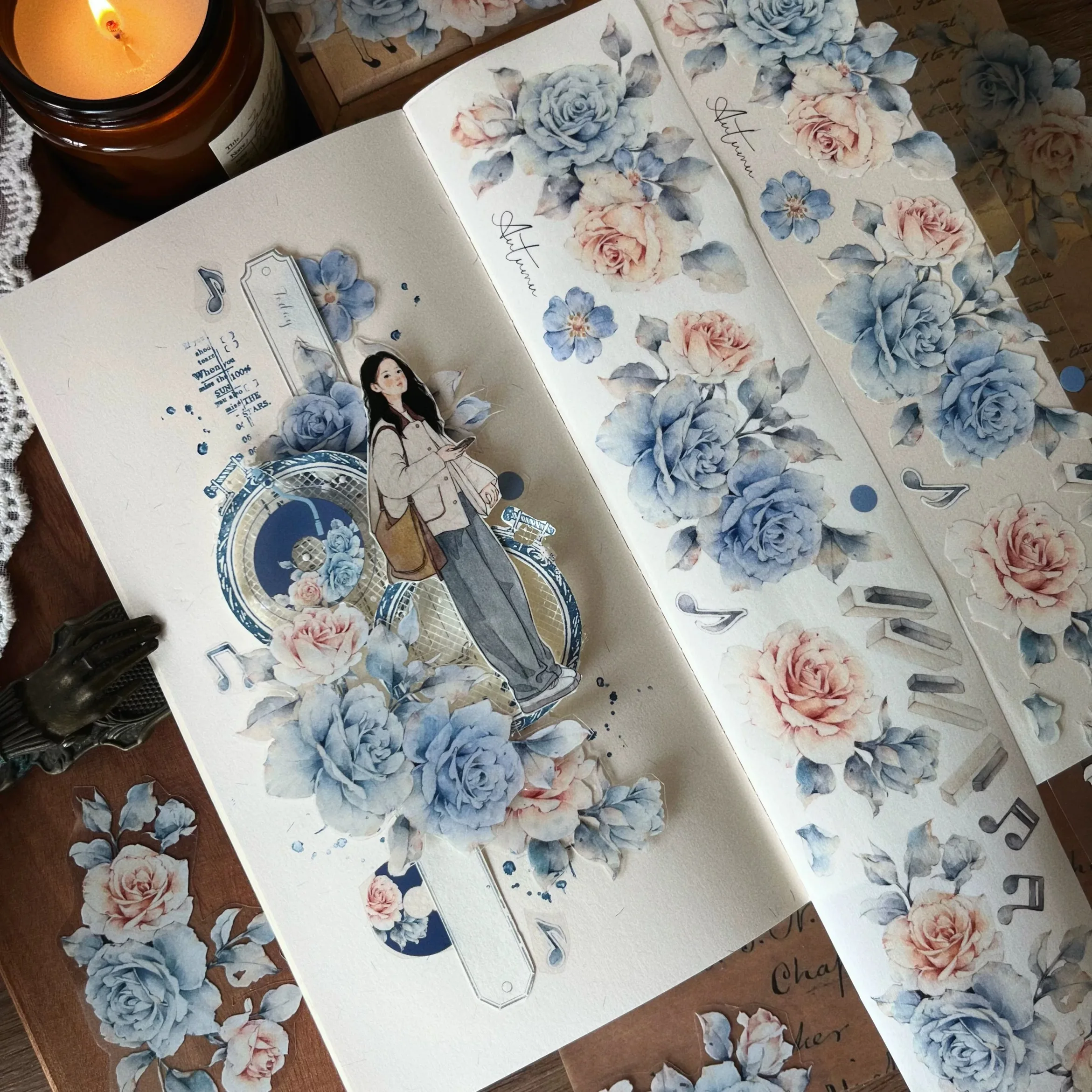 YiEr Studio Vintage Pink Blue Rose Floral Washi PET Tape Planner DIY Card Making Scrapbooking Plan Decorative Sticker