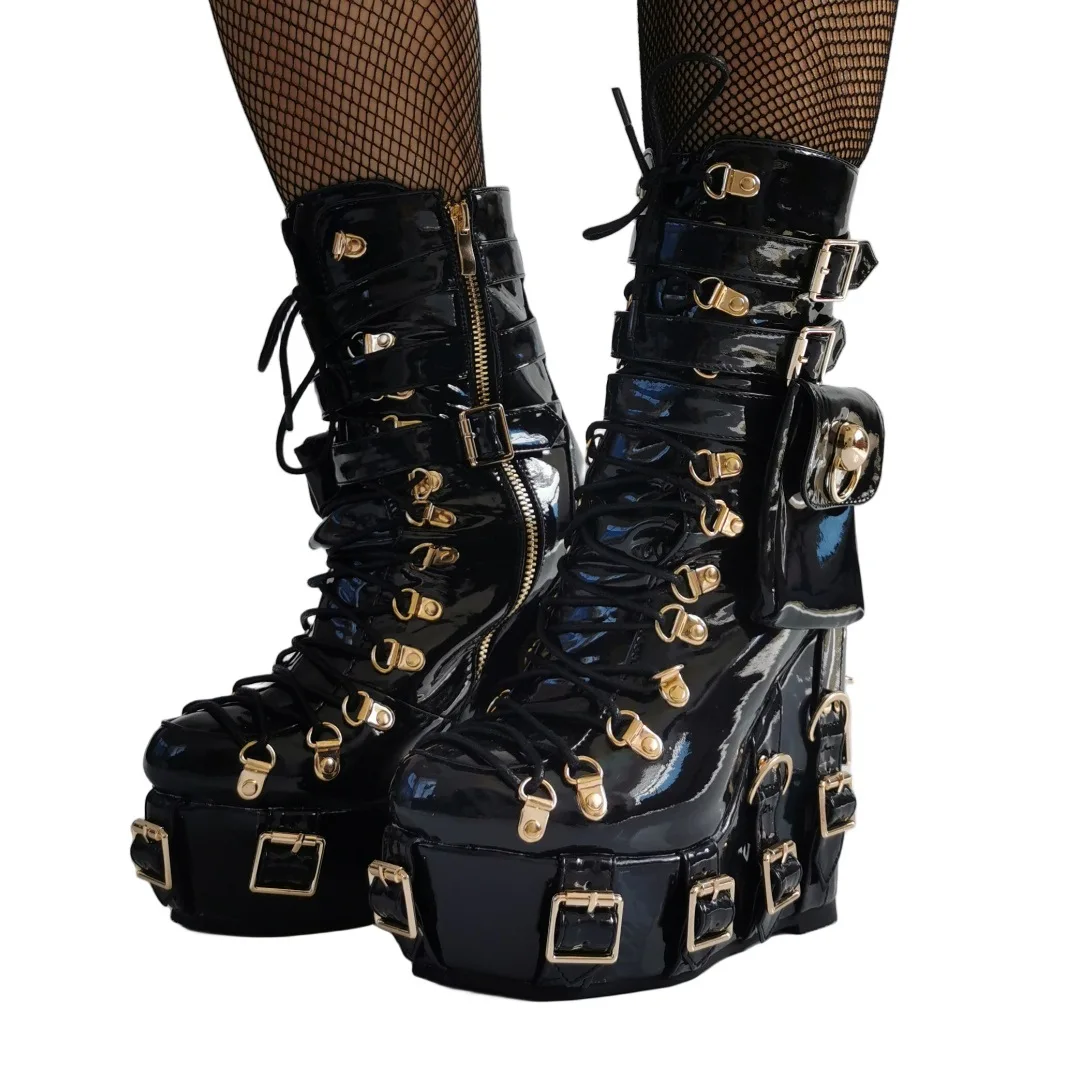 Platform Belt Buckle Sexy Gothic Boots 2024 New Wedge Heel Punk Rock Cool Girl Street Short Boot Fashion Party Motorcycle Boots