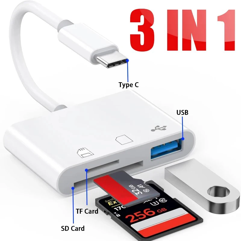 3 in 1 USB OTG Card Reader Compatible U-Disk SD/TF Card Camera Memory For iPhone Samsung Huawei Xiaomi Fast Charging Type C Port