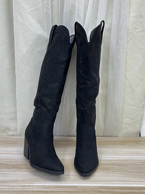 

Women's Fashion Long Tube Boots Western Cowboy Pointed Toe High Heel Thickened Velvet Surface Pure Color New Style Boots