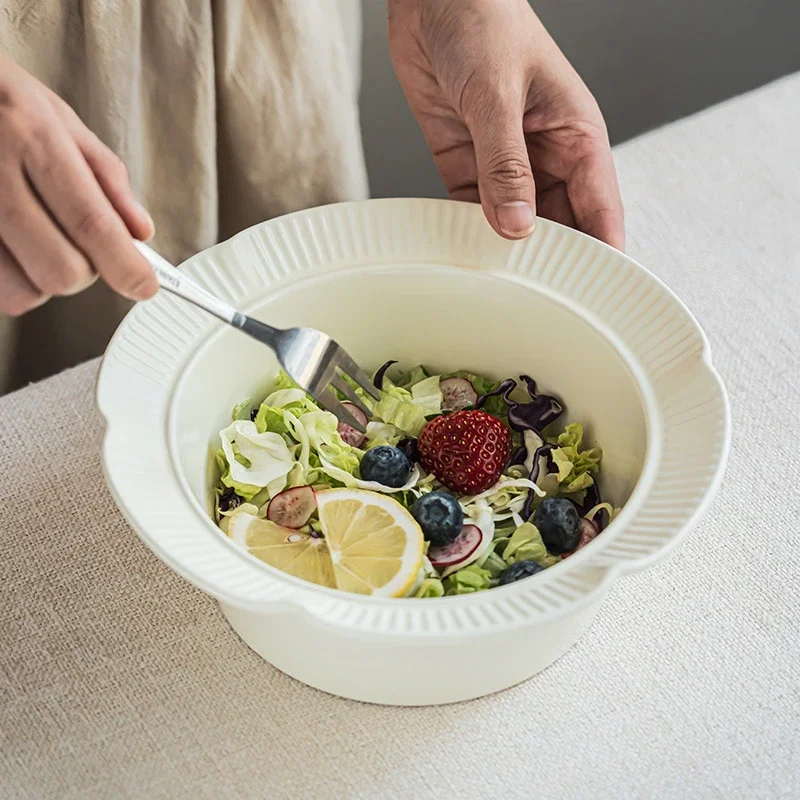 8.3 inches Cream Color Ceramic Salad Bowl,Kitche Tableware,High-Grade Soup Bowl,Noodle Bowls,Creative Stripes Dish,Dinnerware
