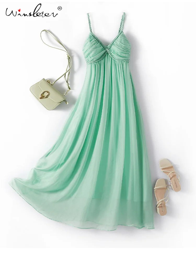 

Winsleter,100% Pure Silk Mint Green Dress,Spaghetti Strap BOHO Style Sleeveless,Maxi Beach Vest New Summer D36225JM