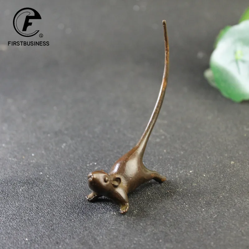 Long Tail Mouse Miniature Figurine Chinese Style Tea Pet Vintage Pure Copper Rat Ornament Desk Craft Home Decoration Accessories