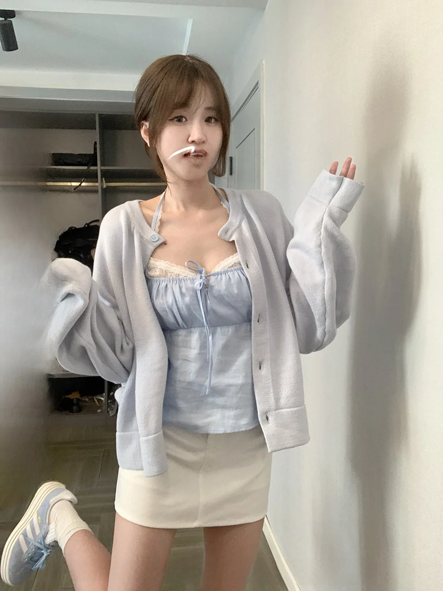 

Свободный длинный вязаный кардиган с открытым передом для женщин, нежно-голубой, серия Lazy, осенняя верхняя одежда, мягкий хлопковый пиджак прямого кроя