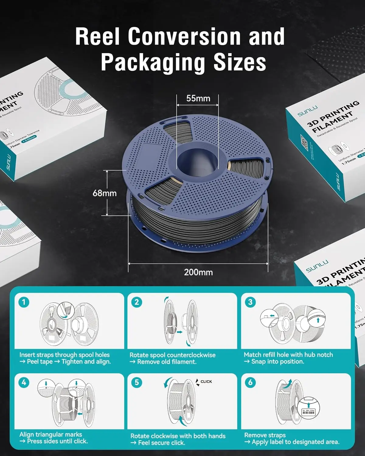 SUNLU خيوط طابعة ثلاثية الأبعاد 1.75 مللي متر 1 كجم/لفائف أبيض وأسود ABS خيوط طباعة ثلاثية الأبعاد مواد طباعة ثلاثية الأبعاد للطابعة ثلاثية الأبعاد #6