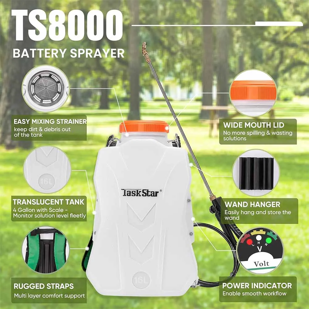 

Электрический опрыскиватель Taskstar Backpack, 4 галлона, садовый пистолет-распылитель с выдвижной палочкой 80-100 фунтов на квадратный дюйм для полива сорняков на газоне, прополки