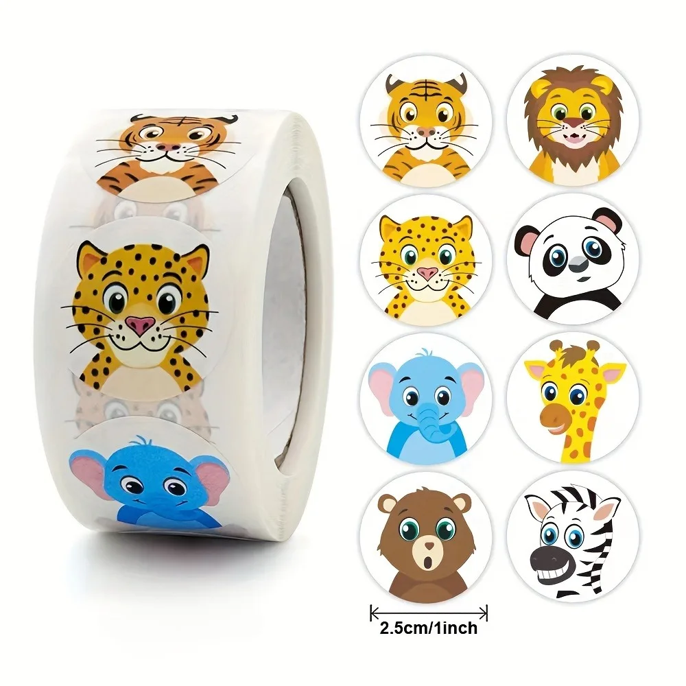 500 pieces/roll, 2 rolls of 16 cartoon animal stickers, teacher rewards gifts and decorations for office stationery