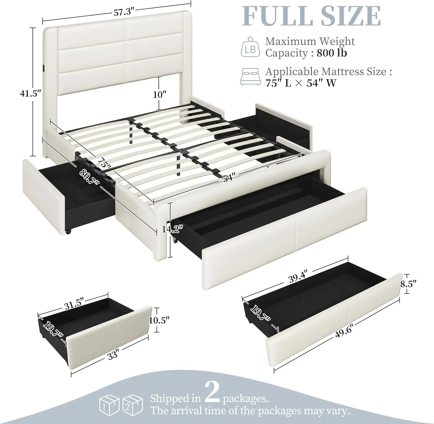 Struttura del letto con 2 stazioni di ricarica USB/porta per cassetti di tipo A e tipo C/3, letto con piattaforma imbottito in pelle