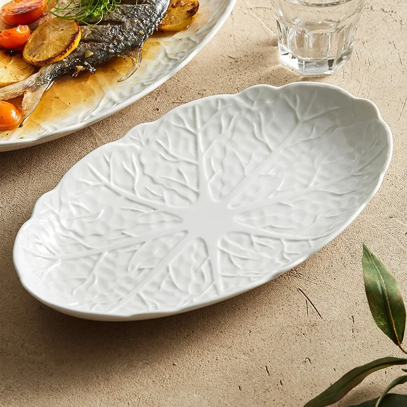 Oval Fish Steaming Plate Ceramic Fish Plate New Homehold Light Luxury High-Grade Japanese Creative Cabbage Relief Dish