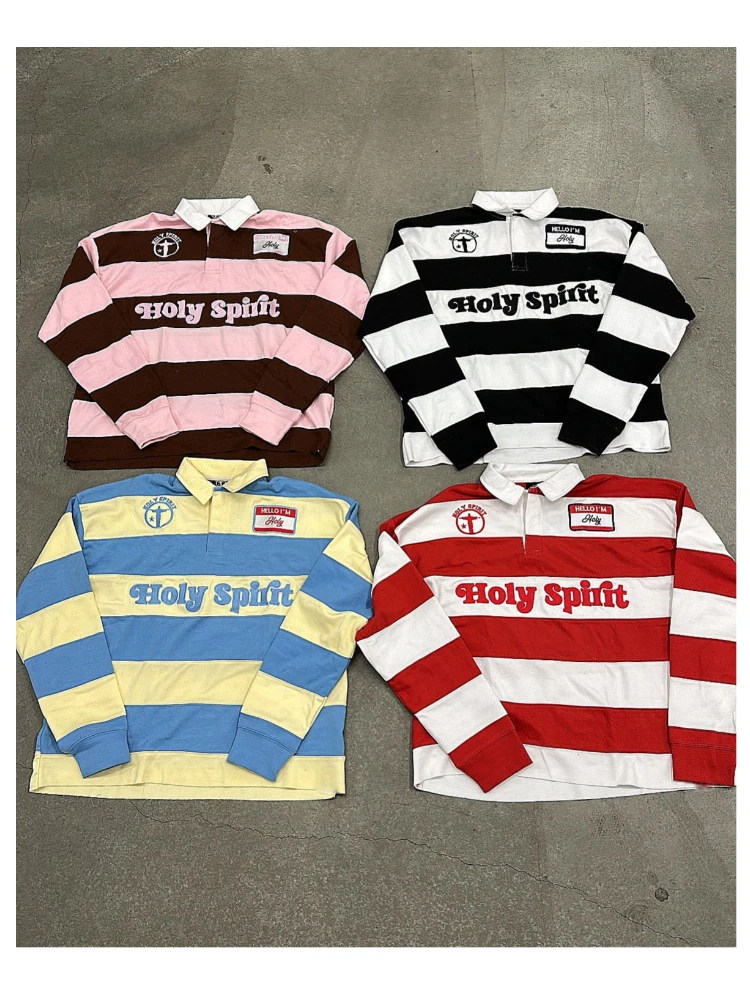 Camiseta Polo de Rugby Unisex con Rayas Rojas y Blancas, Manga Larga, Parche Bordado Espíritu Santo, Estilo Vintage Y2K, Holgada, Tipo Pullover
