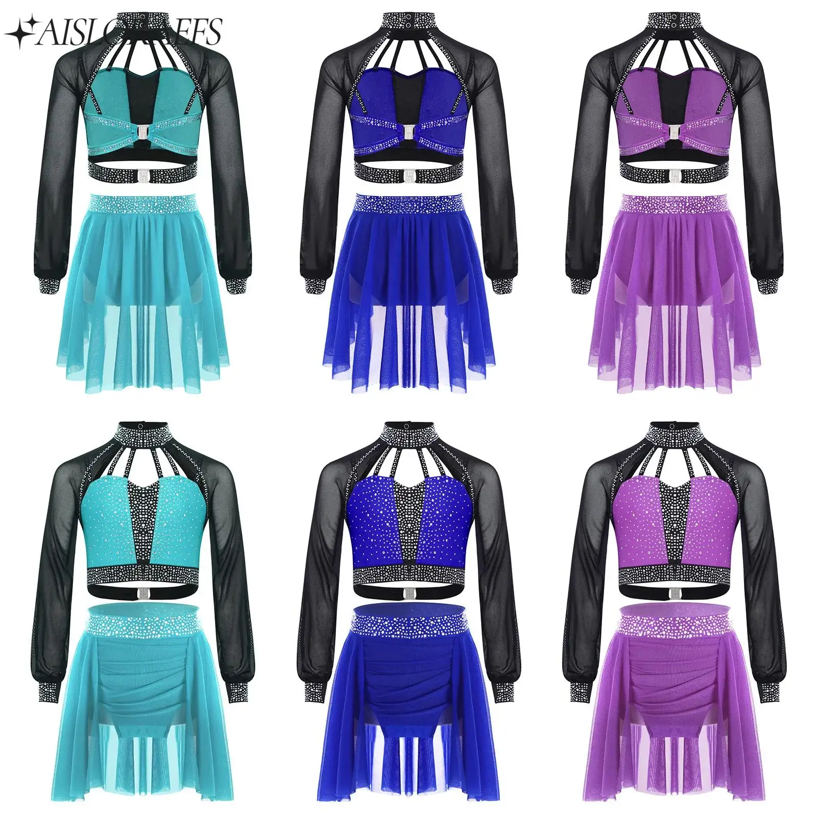 

Kids Girls Figure Skating Dance Performance Outfit Sheer Mesh Long Sleeves Shiny Rhinestones Crop Top with Skirts for Stage Show