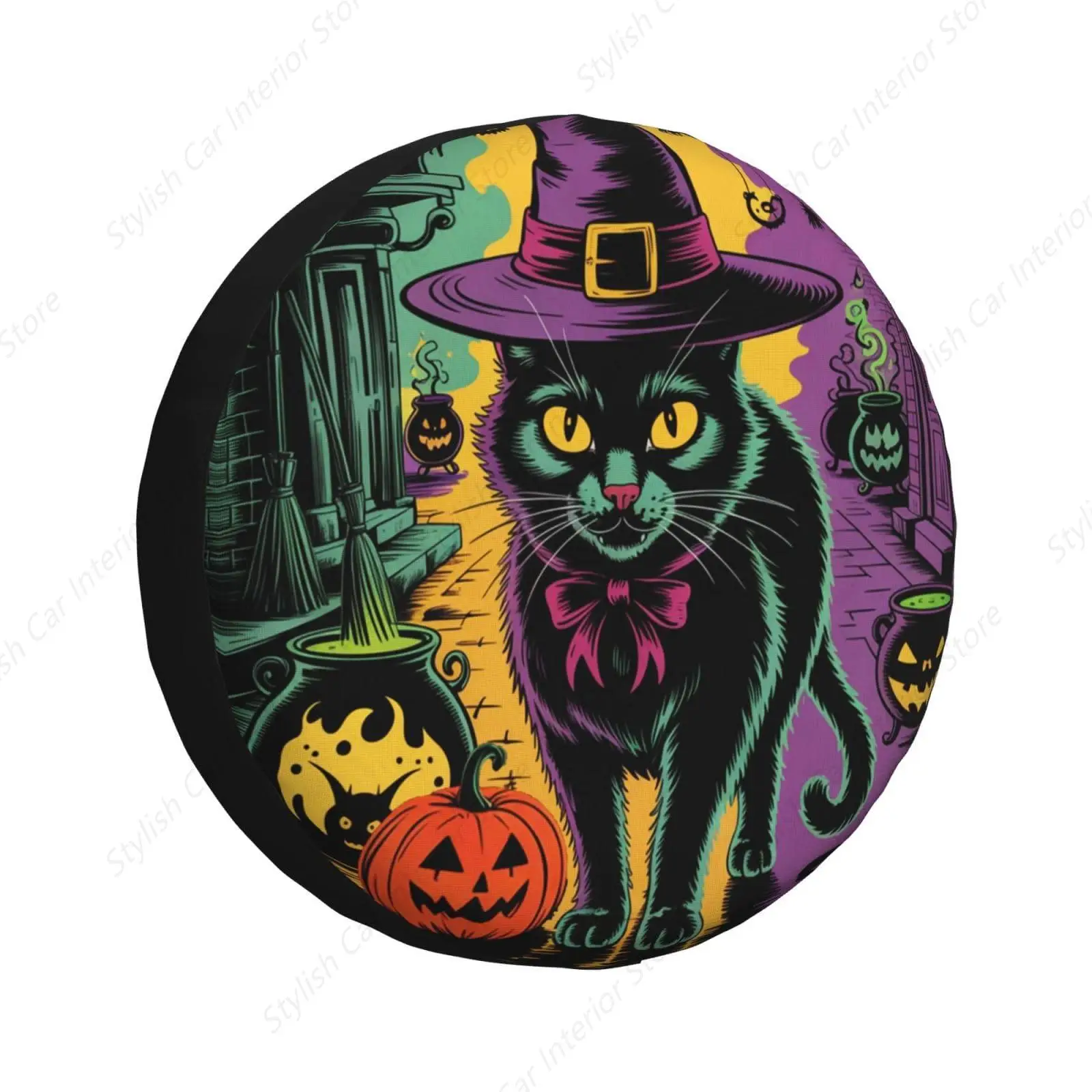 

Halloween Spooky Black Cat Spare Tire Cover 14 Inch Funny Halloween Wheel Protectors Weatherproof Universal Wheel Cover
