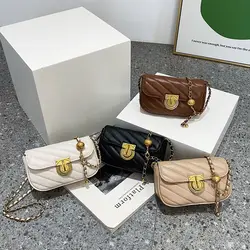 Bolso de hombro con cadena de bloqueo giratorio para mujer y niña, bandolera de cuero PU de gran capacidad para ocio, bolso con entramado rómbico para axilas