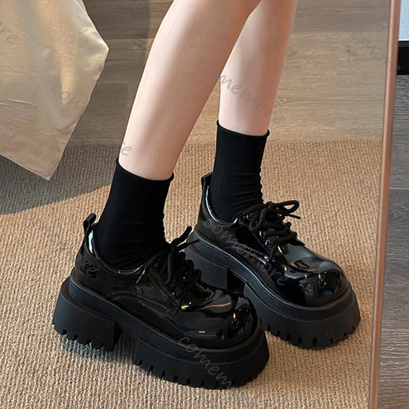 Comemore Spring Retro Single Shoes Women Thick Bottom Loafers Patent Leather Fashion Height Increasing Lace Up Mary Jane Pumps