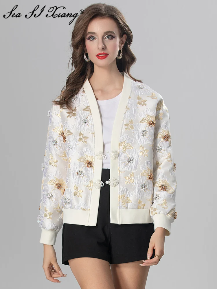 

Seasixiang Jacquard Jacket Women's V-Neck Long Sleeves Sequins Beading Disc Buckle Casual Coat Fashion Designer Autumn