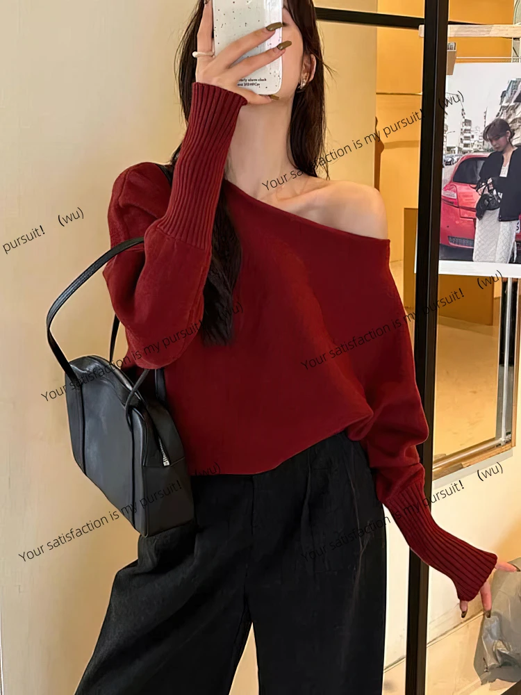 ZOCI-Women's Bat Wing Long Sleeve Knitted Sweater, Off-Shoulder Top, Korean Fashion Sweater, Loose Casual Autumn Clothing