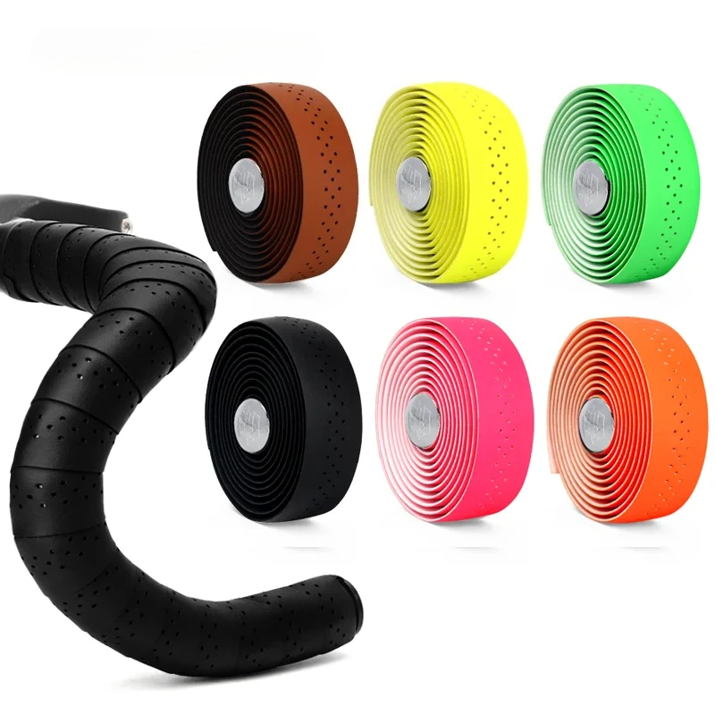 

Bicycle Handlebar Tape PU Leather Perforated Breathable Soft Road Bike Handlebar Tape With 2 Bar Plug Anti-Slip Shock Absorption