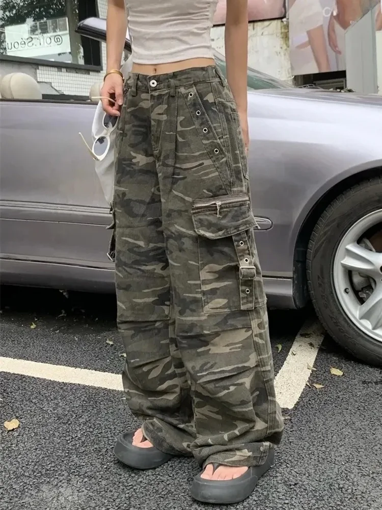 

Retro American Vibe Camouflage Multi-ket Workwear Jeans Loose Wide Leg Drapey Straight Street Sle for Men And Women